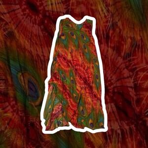 Peacock Feather Print Sleeveless Summer Flowy Dress Colorful‎ Boho Avant Garde